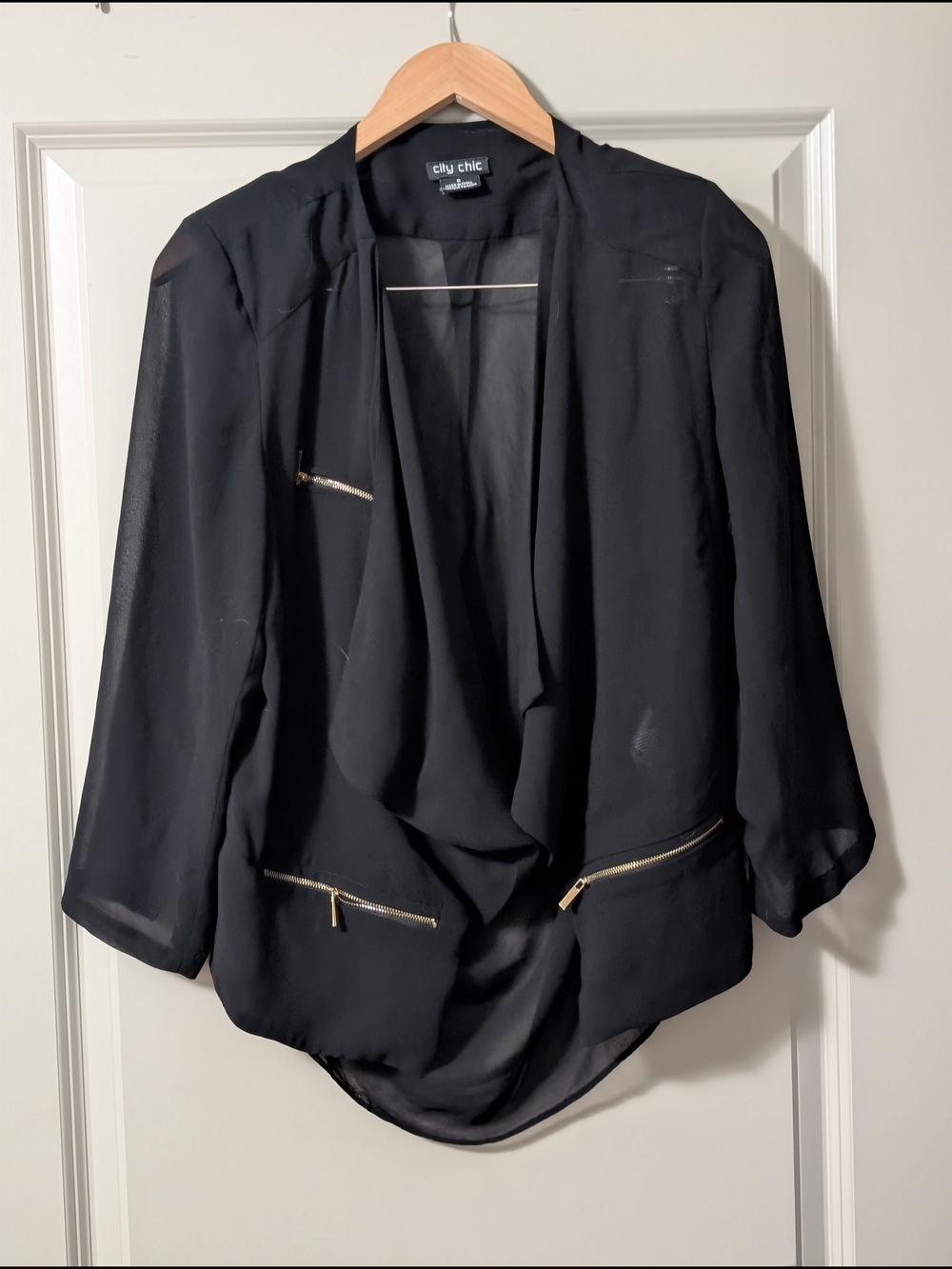 City Chic Black Draped Zip-Accent Sheer Lightweight Blazer